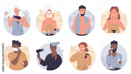 People in morning routine vector illustration set. Cartoon young woman characters brushing teeth with toothbrush in bathroom, doing beauty procedures, active man shaving, morning activity background