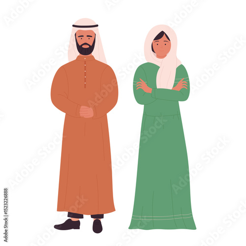 Muslim family or couple people vector illustration. Cartoon arab flat young man woman, arabian husband and wife standing together, saudi characters wearing traditional clothes isolated on white