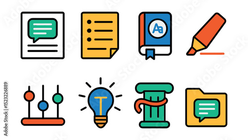 Flat vector icons of speech writing and editing: speech draft document, bullet point list, language style guide, word emphasis highlighter, tone adjust slider, title brainstorming lightbulb,