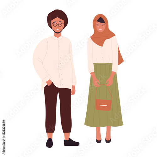 Muslim young modern couple people vector illustration. Cartoon arab flat young man and woman standing together, arabian boyfriend and girlfriend wearing modern clothes isolated on white