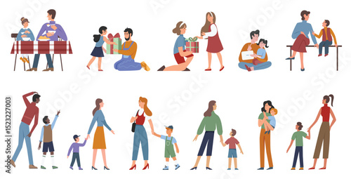 Parents with children, happy parenting vector illustration set. Cartoon family people spend time together, father mother and cute child daughter or son characters playing, eating food and walking