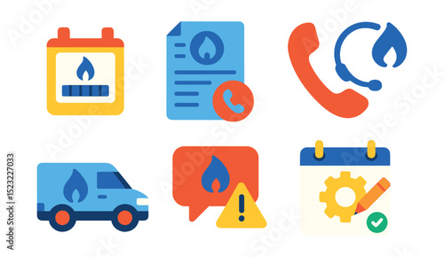 Flat vector icons of natural gas utilities and consumer services: gas meter box icon, billing invoice badge, customer service headset, emergency contact phone, installation request form, service