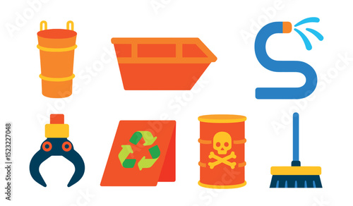 Flat vector icons of waste management and cleanup: debris chute bag, construction bin container, recycling skip icon, dust suppression hose, demolition sorting claw, material reuse board, hazardous