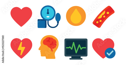 Flat vector icons of cardiovascular diseases: heart icon, blood pressure cuff badge, cholesterol symbol, clogged artery, heart attack, stroke warning, ECG monitor, healthy heart check.