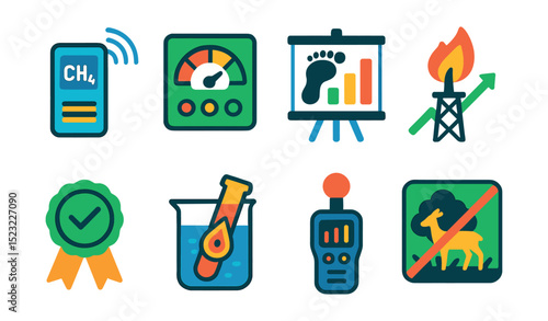 Flat vector icons of natural gas environmental monitoring: methane emission sensor, air quality monitor, carbon footprint chart, flare gas reduction, environmental compliance badge, water