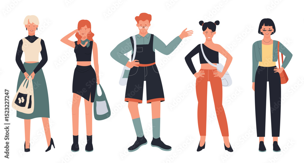 Fototapeta premium People stand in row vector illustration set. Cartoon young man and woman characters standing, holding shopping bag or trendy handbag, wearing stylish and elegant casual clothes isolated on white