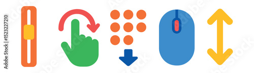 Flat vector icons of scroll and move interactions: scroll bar, swipe gesture, drag icon, scroll wheel, vertical scroll.