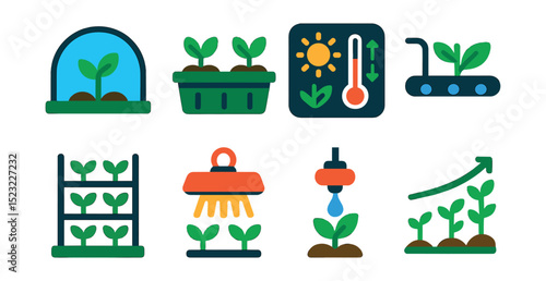 Flat vector icons of greenhouses and plant growth: greenhouse dome icon, seedling tray, climate control panel, hydroponic tube system, vertical farm rack, UV grow light, drip irrigation emitter,