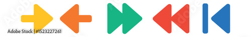 Flat vector icons of forward and backward logic: step forward, step backward, fast forward icon, rewind icon, jump to icon.
