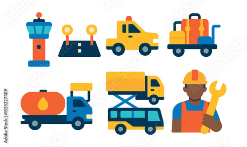 Flat vector icons of airport operations: air traffic control tower, runway lights, ground support vehicle, baggage handling cart, fueling truck, catering service truck, boarding bridge, maintenance