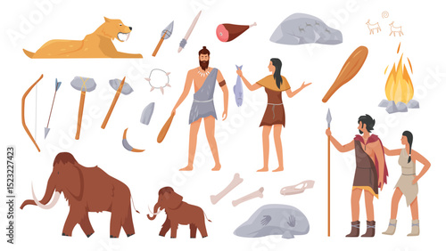Stoneage primeval family people, prehistoric animals, tools vector illustration set. Cartoon caveman tribesman characters of primal tribe holding mammoth or tiger spear for hunting isolated on white