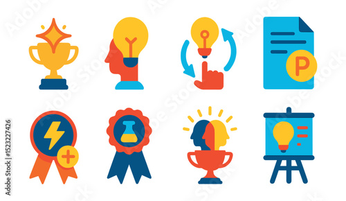 Flat vector icons of innovation and creativity rewards: innovation spark trophy, creative thinker lightbulb, new idea submission icon, patent bonus file, hackathon winner badge, R&D milestone ribbon,