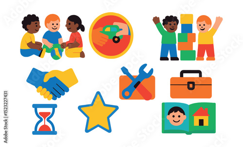 Flat vector icons of preschool social interaction: group play icon, sharing toys badge, friendship handshake, cooperative game, turn-taking timer, conflict resolution toolkit, positive reinforcement