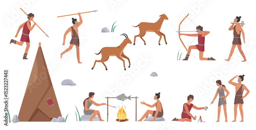 Primal tribe people hunt vector illustration set. Cartoon primitive tribesman characters group hunting animals with bows, arrows and spears, produce fire for cooking food near home isolated on white