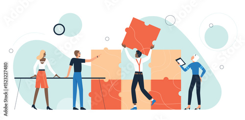 Business people collecting puzzle pieces together vector illustration. Cartoon businessman partner team of characters make puzzle jigsaw cooperation, teamwork and partnership concept isolated on white