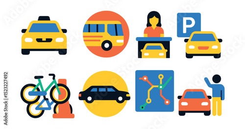 Flat vector icons of airport transportation connections: taxi icon, shuttle bus badge, car rental counter, parking garage, bicycle sharing station, limousine service, public transit map, passenger