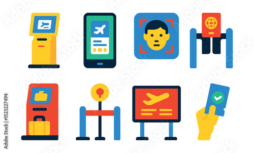 Flat vector icons of airport check-in technology: self-check-in kiosk, mobile boarding pass, biometric scanner, passport control gate, baggage drop-off machine, queue management system, digital