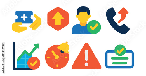 Flat vector icons of support escalation workflow: ticket handoff icon, priority label badge, supervisor approval, escalation phone, issue resolution graph, follow-up reminder, urgent alert, case