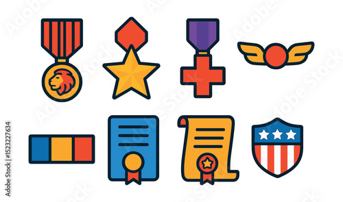 Flat vector icons of medals and honors: bravery medal icon, star of service badge, purple ribbon cross, golden wings pin, campaign ribbon bar, service certificate, honor scroll, veteran lapel pin.