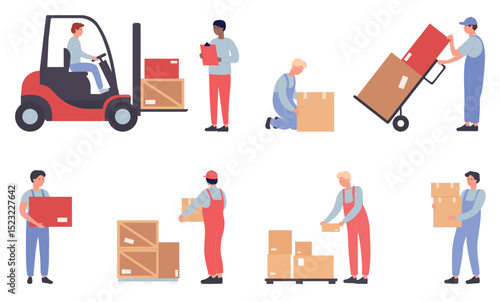 Warehouse workers doing job set. Cartoon flat worker staff people work, load packages and containers loading warehousing process isolated on white