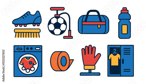 Flat vector icons of football gear maintenance: shoe cleaning brush, ball pump, kit bag, water bottle, uniform wash, tape roll, glove drying rack, gear locker.