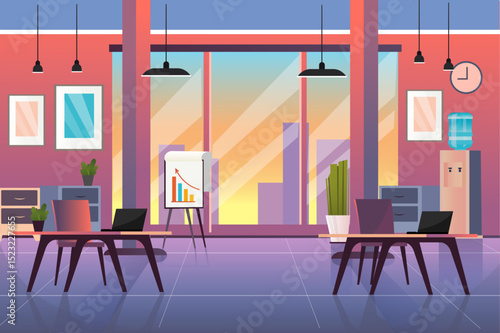 This image depicts a stylish modern office interior featuring large windows, sleek desks, and urban views. The setting is bright and inviting.