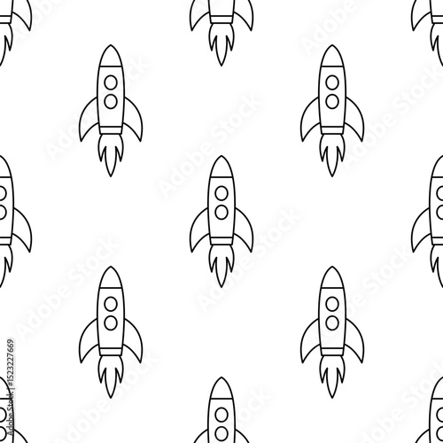 Seamless vector pattern with rocket ship outlines. Cartoon rocket illustration repeating on a white background.