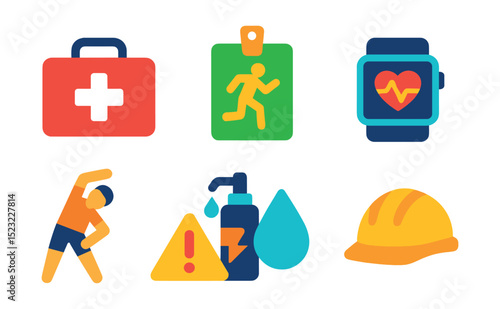 Flat vector icons of gym safety and health: first aid kit icon, emergency exit badge, sanitizer dispenser, heart rate monitor, stretching guide, injury prevention, hydration reminder, safety helmet.