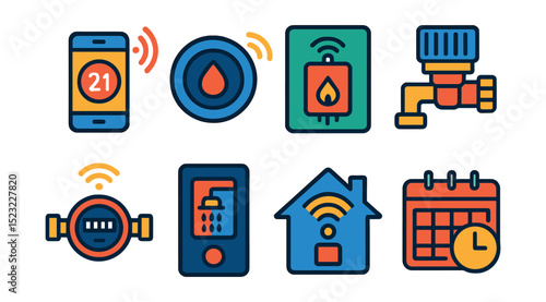 Flat vector icons of smart plumbing and heating: app-controlled thermostat, smart leak detector, remote boiler control, smart radiator valve, connected water meter, digital shower control, home