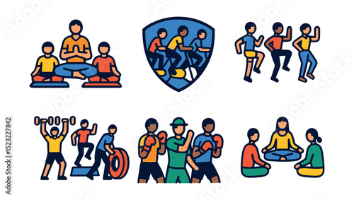 Flat vector icons of gym group classes: yoga group icon, spinning class badge, aerobics session, dance workout, circuit training, boxing group, bootcamp, meditation circle.