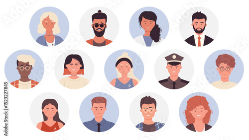 People profile user avatars of different professions vector illustration set. Cartoon man woman professional worker portraits collection, male and female faces circle avatars isolated on white