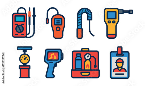 Flat vector icons of tools for heating technicians: multimeter tester icon, gas leak detector, pipe bending spring, flue gas analyzer, pressure tester pump, thermographic camera, combustion test kit,