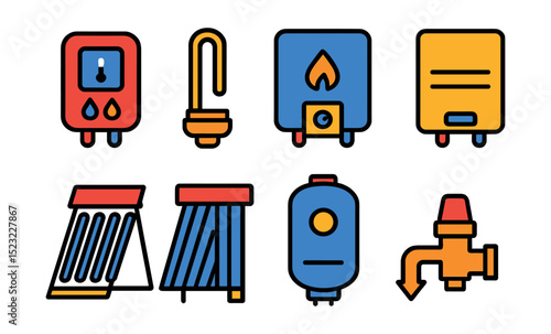 Flat vector icons of water heating systems: instant water heater icon, immersion heater rod, gas water boiler, tankless heater unit, solar thermal collector, domestic hot water cylinder, heating
