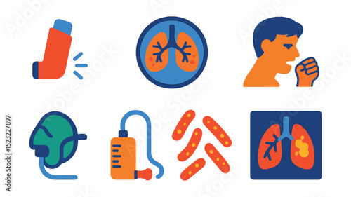 Flat vector icons of respiratory diseases: asthma inhaler icon, bronchitis badge, pneumonia lung, chronic cough, oxygen mask, spirometer, tuberculosis bacteria, lung X-ray.