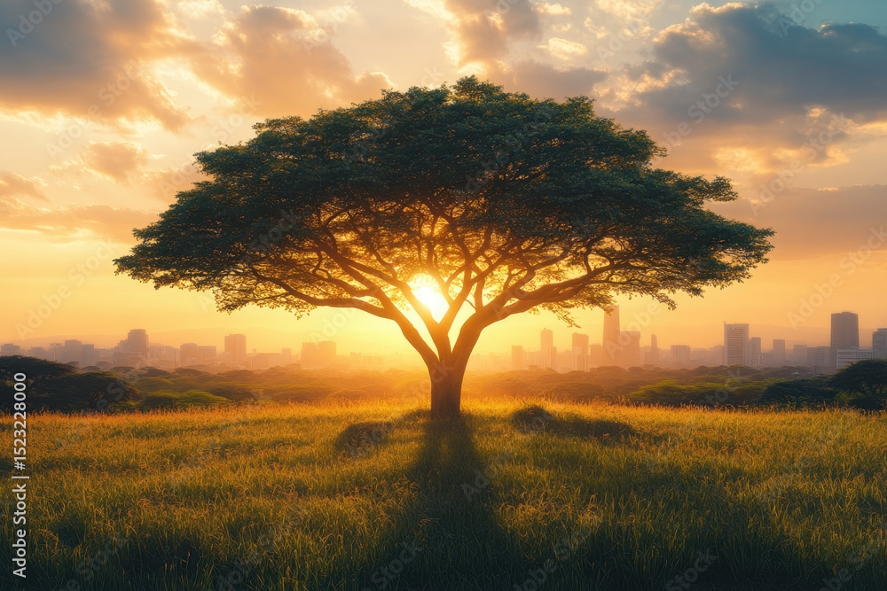 Fototapeta premium Sun setting behind a tree in a field.