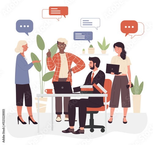 Business teamwork in openspace office vector illustration. Cartoon corporate office workers people meeting and chatting, coworking space with working business team and chat messages isolated on white
