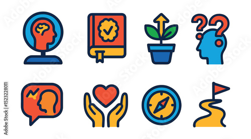 Flat vector icons of self-awareness and growth: mirror reflection brain, self-check journal icon, growth mindset plant, identity question marks, inner critic dialogue bubble, self-acceptance hands,