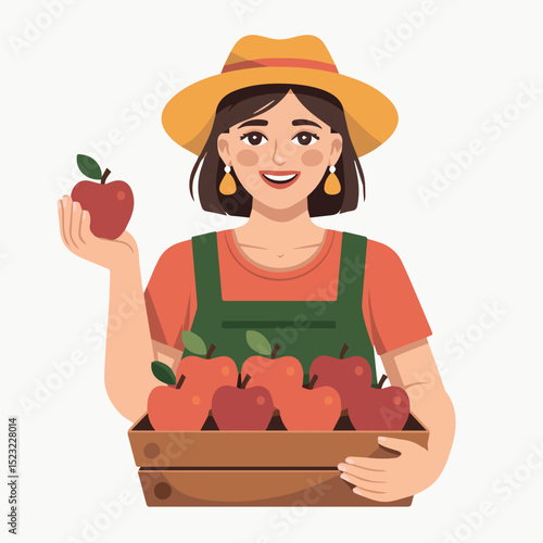 Happy farmer woman holding a crate of fresh red apples food fall fruit rural autumn vector design