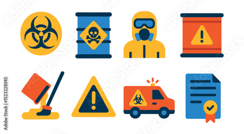 Flat vector icons of hazardous waste management: biohazard symbol icon, chemical drum badge, protective gear, containment unit, spill cleanup, warning sign, emergency response, disposal certificate.