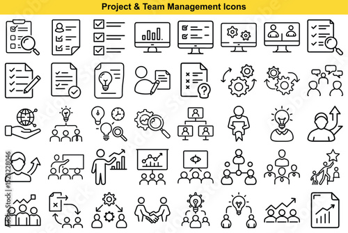 Outline Project Management and Teamwork Icon Set for Business, Planning, and Strategy
