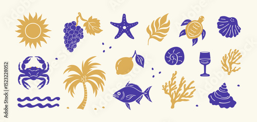 A summer-themed vector set of icons in gold and purple, including a sun, crab, palm tree, grapes, lemon, fish, turtle, shells, coral, wine glass, waves, and leaves on a light background.