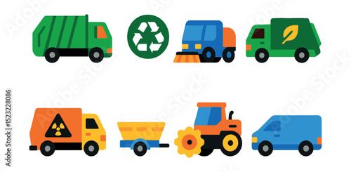 Flat vector icons of waste management vehicles: garbage truck icon, recycling truck badge, street sweeper, compost collection truck, hazardous waste vehicle, bulk waste trailer, landfill compactor,