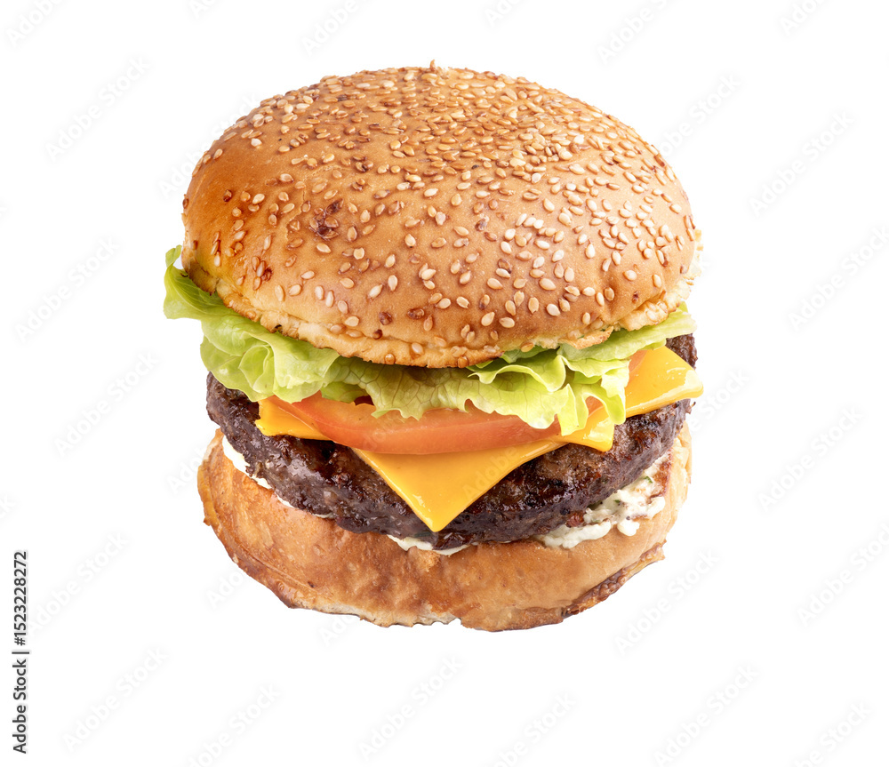 classic hamburger and cheddar lettuce and tomato angled classic hamburger and cheddar lettuce and tomato angled