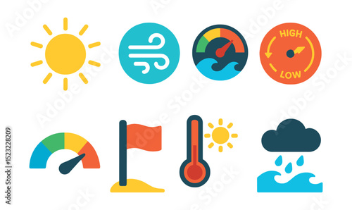 Flat vector icons of beach weather and conditions: sunny weather icon, windy breeze badge, wave height meter, tide clock symbol, UV index gauge, beach warning flag, thermometer with sun, rain cloud