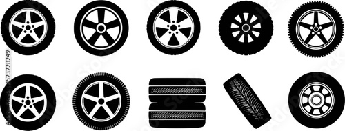 Black and white vehicle tires and wheels collection