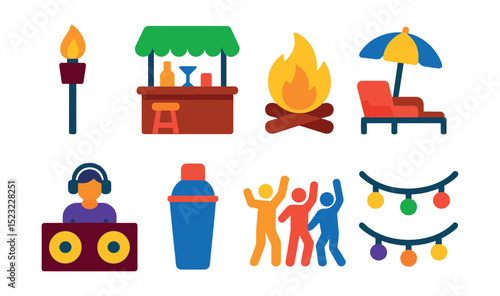 Flat vector icons of beach nightlife and social spots: tiki torch icon, beach bar counter, bonfire party, outdoor lounge seating, live DJ booth, cocktail shaker, dancing crowd, string lights overhead