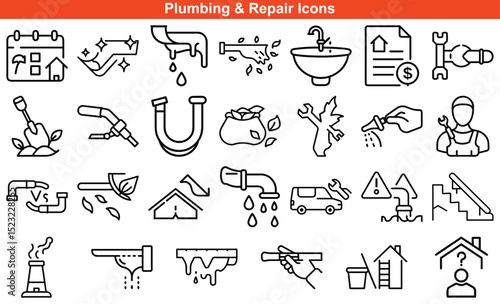 Plumbing and Home Repair Outline Icons Set Depicting Leaks, Fixtures, and Services