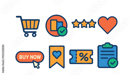 Flat vector icons of consumer choice behavior: shopping cart icon, product comparison badge, user rating stars, wishlist heart, buy now button, add to favorites icon, discount coupon, customer