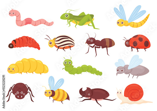 Cute insects vector illustration set. Cartoon colorful funny insect characters for childish kids collection with grasshopper ant bug dragonfly worm spider fly ladybug bee beetle isolated on white