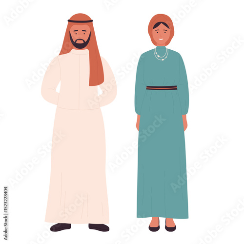 Muslim family or couple people vector illustration. Cartoon arab flat young man woman, arabian husband and wife standing together, saudi characters wearing traditional clothes isolated on white